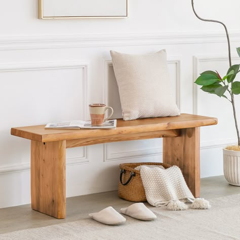 Wade Logan® Beitnes Solid Wood Bench & Reviews | Wayfair Wooden Bench Indoor, Modern Wood Bench, Wood Entryway Bench, Rustic Entryway, Solid Wood Benches, Kitchen Benches, Bedroom Bench, Wooden Bench, Wood Console