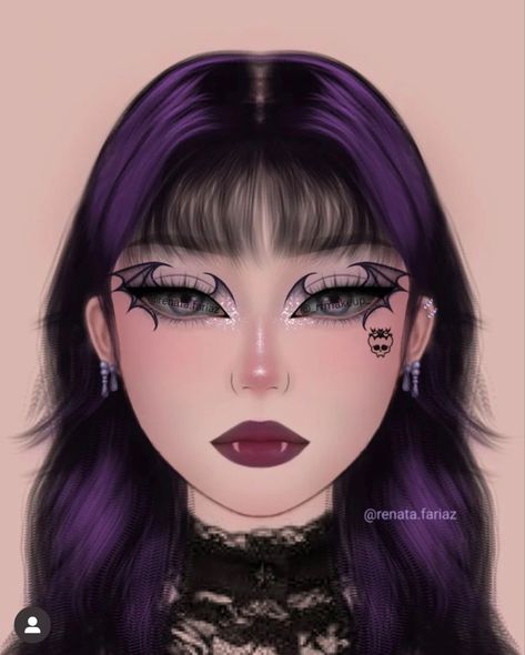 Purple Halloween Makeup Ideas, October Eye Makeup, Graphic Eyeliner Halloween, Purple Hair Halloween Costumes, Purple Halloween Makeup, Friday The 13th Makeup, Purple Goth Makeup, Purple Hair Character, Halloween Eyeliner Ideas