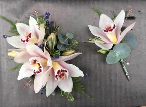 wired corsage and buttonhole, Cymbidium orchid, dried lavender, china grass, eucalyptus, green bell and lisianthus Orchid Wrist Corsage Prom, Orchid Corsage Prom, Orchid Corsage And Boutonniere, Tropical Corsage, Orchid Buttonhole, Corsage Orchid, Orchid Wrist Corsage, Orchid Corsage, Wedding Rehearsal Dinner Decorations