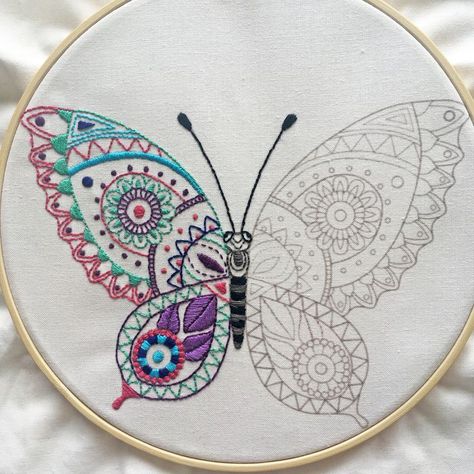 All Embroidery Stitches In One Design, Embroidery Designs Print, Fabric Stitching Design, Back Stitch Embroidery Design, Back Embroidery Design, Embroidery Work Design, Butterfly Embroidery Designs, Butterfly Embroidery Pattern, Fabric For Embroidery