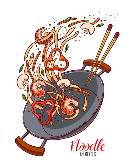 Noodles Shrimp, Noodle Art, Food Illustration Design, Wok Pan, Chinese Noodles, Food Artwork, Food Cartoon, Food Illustration Art, Vector Food