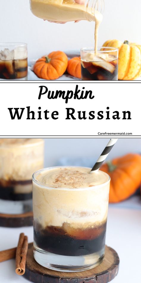 Pumpkin White Russian - Carefree Mermaid Pumpkin Mixed Drinks, Pumpkin White Russian Cocktail, Pumpkin White Russian, Pumpkin Spice White Russian, Fall Cocktails Recipes, White Russian, Boozy Drinks, Mixed Drinks Recipes, Fall Cocktails