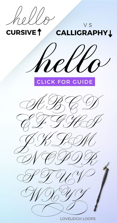 Learn the art of beautiful handwriting with Loveleigh Loops! Here we are all about the different beautiful writing styles of calligraphy. Not all cursive writing is calligraphy and in this lettering guide we'll go over what makes it different. As you can see from this alphabet, calligraphy and cursive have their differences. If you want to create beautiful quotes for inspiration or you're just looking for beautiful writing styles for a project for school, this is for you. Beautiful Writing Styles, Faux Calligraphy Alphabet, Calligraphy Hello, Bad Handwriting, Project For School, Alphabet Calligraphy, Teaching Cursive, Learning Cursive, Calligraphy Worksheet