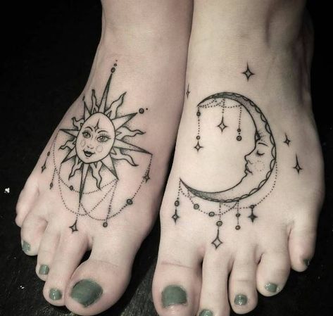 The foot is an excellent location for tattoos since it provides a decent area for an intricate design but also it can be easily covered on more formal occasions. There are numerous tattoo designs to pick from that look amazing on the foot and may symbolize something for you or make a strong statement. Sun And Moon Tattoos, Mandala Wrist Tattoo, Cute Foot Tattoos, Tattoo Moon, Moon Tattoos, Foot Tattoos For Women, Moon Tattoo Designs, Bff Tattoos, Sun Tattoos