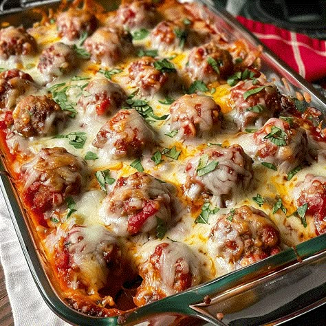 Dump and Bake Meatball Casserole Recipe - emiliarecipes.com Dump And Bake Meatball Casserole Recipe, Dump Bake Meatball Casserole, Recipes Using Italian Meatballs, Meat Ball Meals, Meatball Pizza Bake, Dump And Bake Casseroles, Turkey Meatball Casserole, Meatball Parmesan Bake, Recipes With Meatballs