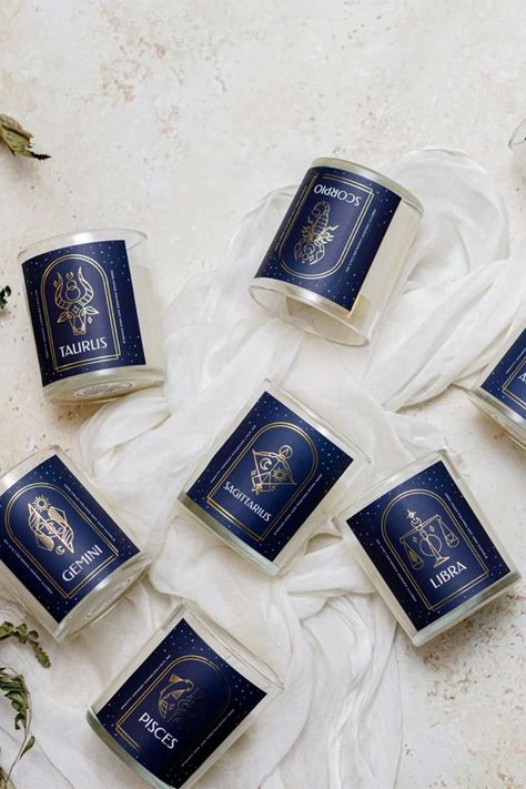 Pretty Honest Zodiac Candles Laid Out Clean Candles, Gemini And Sagittarius, Taurus And Scorpio, Zodiac Candles, Zodiac Candle, Zodiac Collection, Clean Candle, Candle Branding, Candle Collection