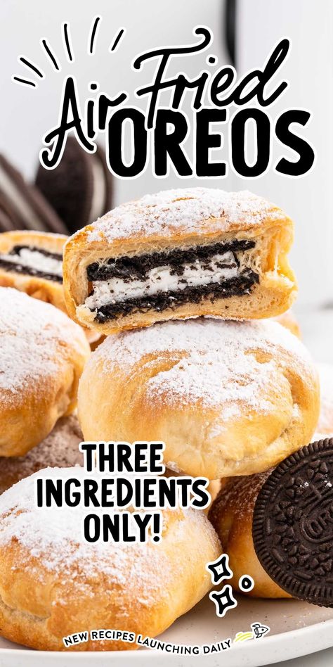 Our air fried Oreos are the perfect carnival treat and come together in a snap without having to fry them in oil. Air Fried Oreos, Air Fryer Oreos, Fried Cookies, Oreo Cookie Dessert, Crescent Roll Recipes Dessert, Baking Basket, Fair Foods, Air Fryer Recipes Dessert, Oatmeal Cookie Bars