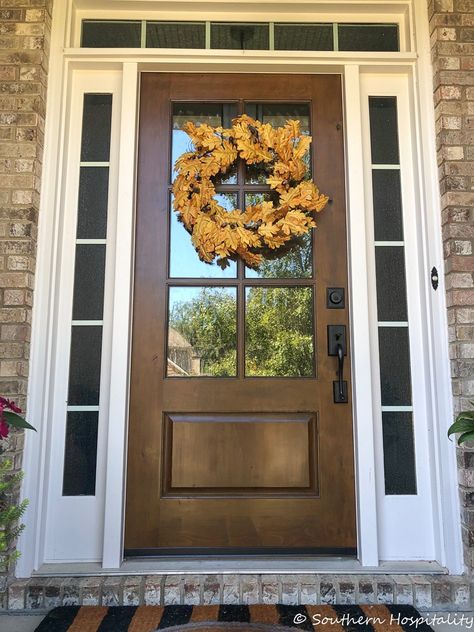 Brown Fiberglass Front Door, Wood Door With Window, Brown Wood Front Door, Wood Color Front Door, Glass And Wood Front Door, Front Door With Glass Design, Wood Look Fiberglass Front Door, Front Door With Privacy Glass Window, Exterior Doors With Windows