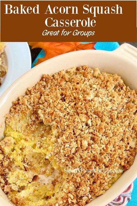 Acorn squash casserole in baking dish. Savory Acorn Squash, Acorn Squash Casserole, Easy Squash Recipes, Bread Crumb Topping, Fall Casserole, Southern Thanksgiving Recipes, Fall Casseroles, Acorn Squash Recipe, Acorn Squash Recipes