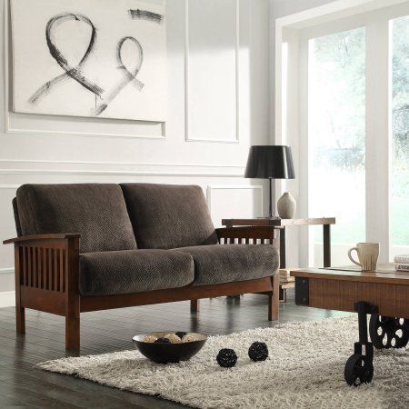 Mission Dark Brown Champion Fabric Mission Loveseat - Walmart.com Mission Style Living Room, Wood Loveseat, Dark Brown Fabric, Interior Design Themes, Classic Sofa, Wood Sofa, Mission Style, Brown Fabric, Classic House