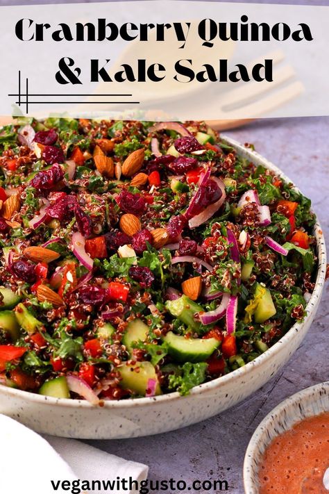 Scrumptious cranberry quinoa kale salad is an easy way to load up on healthy superfoods. This vegan and gluten-free salad is made with wholesome plant-based ingredients including crunchy almonds, crispy veggies, and a delicious oil-free tomato and balsamic dressing. This healthy, high protein salad is perfect for quick, cold lunches or a main dish you’ll be making on repeat. Vegan Cold Salad, Lentil And Cranberry Salad, Quinoa Cranberry Salad, Kale Quinoa Salad Recipes, Crunchy Kale And Quinoa Winter Salad, Kale Quinoa Cranberry Salad Recipes, Quinoa Beetroot Salad Feta, Kale Pomegranate Quinoa Salad, Cranberry Quinoa Salad