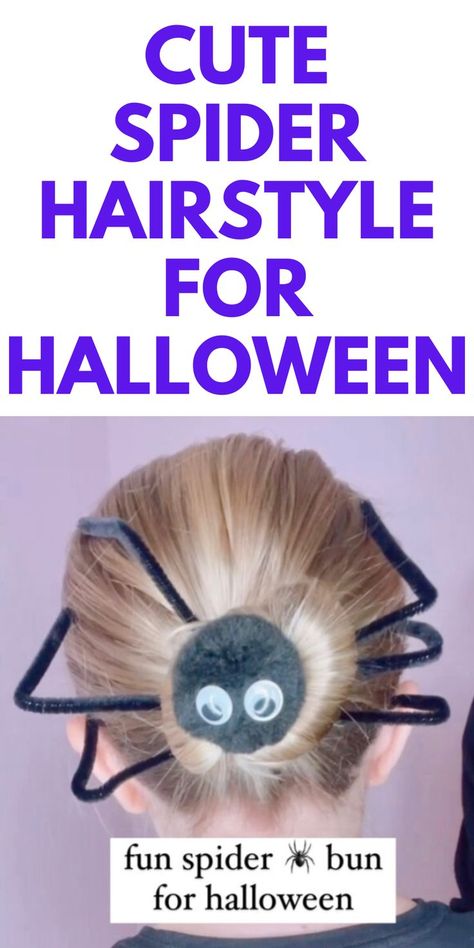 CUTE SPIDER HAIRSTYLE FOR HALLOWEEN - HERE IS A CUTE HALLOWEEN SPIDER HAIRSTYLE. Spider Hairstyle, Spooky Hair, Halloween Hairstyle, Cute Spider, Hair Bun Tutorial, Bun Hairstyle, Bun Hair, Hairstyle Look, Halloween Hair