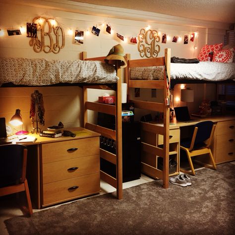 NCSU Dorm Room ❤️🐺 College Dorm Room Lofted Bed Ideas, Dorm Room Layout Ideas Double, Small Shared Dorm Room Ideas, Desk Under Bunk Bed Dorm Room, Loftable Bed College Dorms, Dorm 2 Beds, Dorm Room Ideas With Couch, Double Dorm Room Aesthetic, 3 Bed Dorm Room Layout