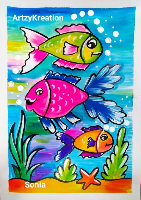 Basic Drawing For Beginners, Under Water Scene, Fish Drawing For Kids, Nursery Drawings, Kids Canvas Art, Painting Flowers Tutorial, Easy Art For Kids, Acrylic Colours, Oil Pastel Art