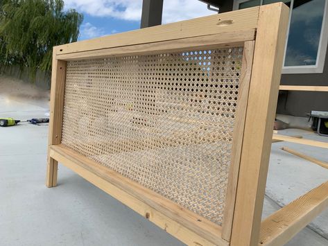 Cane Webbing Bed Frame, Cane Webbing Headboard Diy, Diy Cane Bed Frame, Cane Webbing Headboard, Cb2 Bed, Cane Daybed, White Wash Stain, Patio Upgrade, Diy Daybed