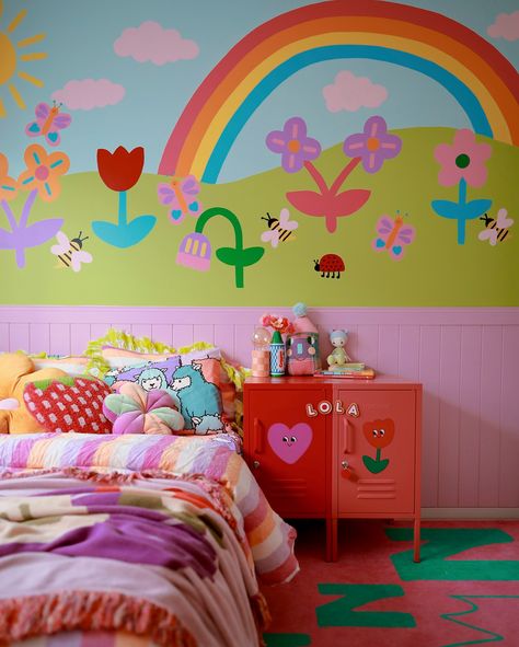 I love Lola’s room so much🌈☀️ hopefully I contain my painting itch and leave her room like this for a long while 😂 I honestly can’t wait until Charlie is older and I can paint a mural in his room as well. #kidsroominspo #muralart #playroom #kidsinteriors #girlsroomdecor Rainbow Painting For Kids Room, Playroom Mural Ideas, Book Mural, Playroom Toddler, Playroom Paint, Playroom Mural, Funky Bedroom, Girls Room Colors, Cute Bedroom