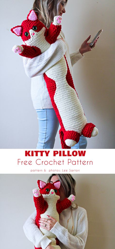 Kitty Pillow, Pillow Patterns, Confection Au Crochet, Crochet Pillow Pattern, Pola Amigurumi, Crochet Animals Free Patterns, Crochet Design Pattern, Crochet Simple, Crochet Pillow