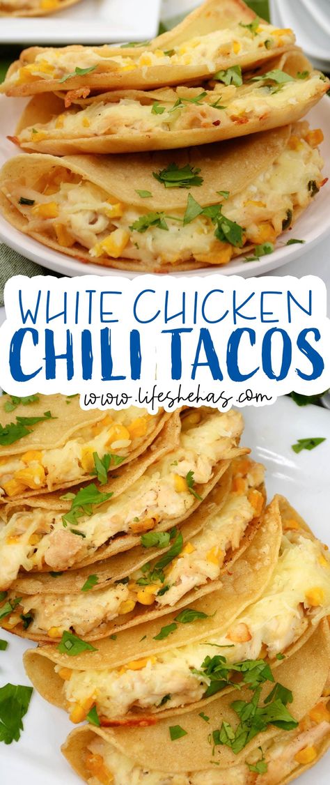 White Chicken Tacos, Ww White Chicken Chili, White Chicken Chili Tacos, White Chicken Chilli, Chili Tacos, Chicken Soft Tacos, White Bean Chicken Chili, Chicken Tostadas, Sunday Dinners