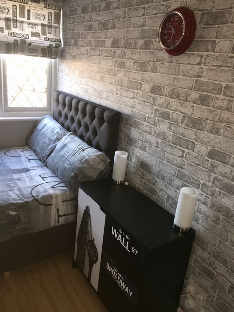 Teen boys bedroom, grey brick wallpaper Teen Boy Bedroom Wallpaper, Wallpaper For Boys Bedroom, Brick Accent Wall Bedroom Boys, Teen Boy Wallpaper, Brick Wallpaper Bedroom Boys Kids Rooms, Brick Effect Wallpaper Bedroom, Grey Brick Wallpaper Bedroom, Grey Brick Wallpaper Bedroom Boys, Grey Brick Wallpaper