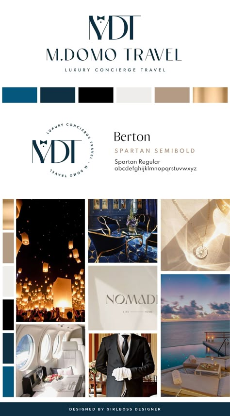 Michael from M.domo Travel wanted his brand to feel luxurious, elevated, high-end, something that catches your attention and leaves you wanting to discover more. For his brand colors we went with black, navy, and a pop of brighter blue, creamy neutrals, and just a touch of gold. Check out our branding and website design services and let us help you create the brand of your dreams. Luxury Brand Identity Colors, Black And Blue Branding, High End Color Palette Branding, Luxury Color Palette Branding Gold, Luxury Blue Color Palette, Navy Branding, Luxury Color Palette, Blue Website, Instagram Feed Tips