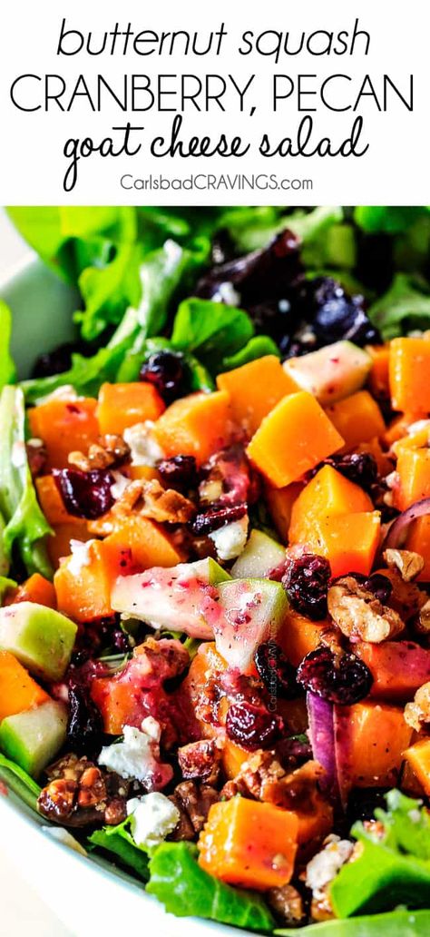 Roasted Butternut Squash Salad with Cranberries, Pecans & Goat Cheese Butternut Squash Salad Recipes, Thanksgiving Salad, Butternut Squash Salad, Harvest Salad, Squash Salad, Pecan Salad, Carlsbad Cravings, Brussel Sprout Salad, Autumn Salad