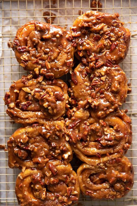 Big Fat Pecan Sticky Buns - Modern Crumb Bourbon Pecan Sticky Buns, Sticky Pecan Buns, Caramel Pecan Rolls Sticky Buns, Pull Apart Sticky Buns, Sticky Bun Sauce, Pecan Sticky Buns Recipes Cinnamon Rolls, Pecan Sweet Rolls, Sticky Pecan Rolls, Carmel Cinnamon Rolls Sticky Buns Recipe