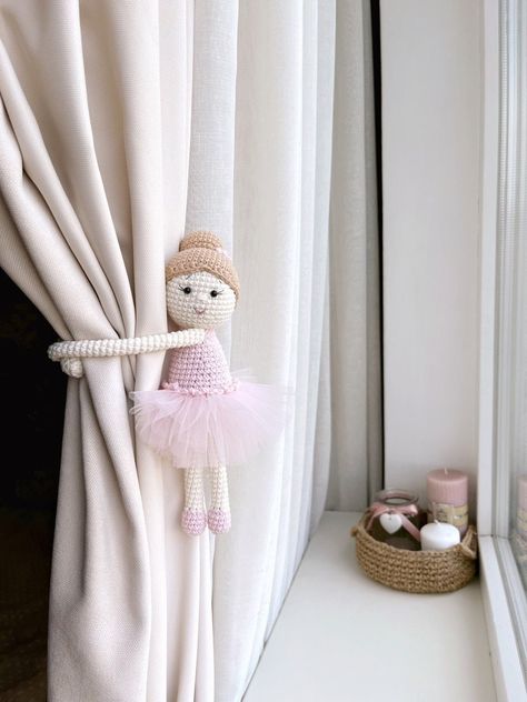 Pink ballerina curtain tie back is very beautiful thing for your child room or playroom. These will be perfect as a baby shower gift, as a birthday gift for girl or boy, nursery and home decor. Handmade gifts are more valuable because someone put effort and love heart to made them. I believe that my toys will make you more happy. If you buy one toy - please let me know in the message which side (left - right) the toy you need. MATERIAL: The ballerina made in crochet (hook) from yarn 50% cotton/5 Ballerina Gift Ideas, Marceline Room, Ballerina Nursery Decor, Ballerina Room Decor, Boys Curtains, Ballet Nursery, Ballerina Room, Ballerina Nursery, Ballerina Gift