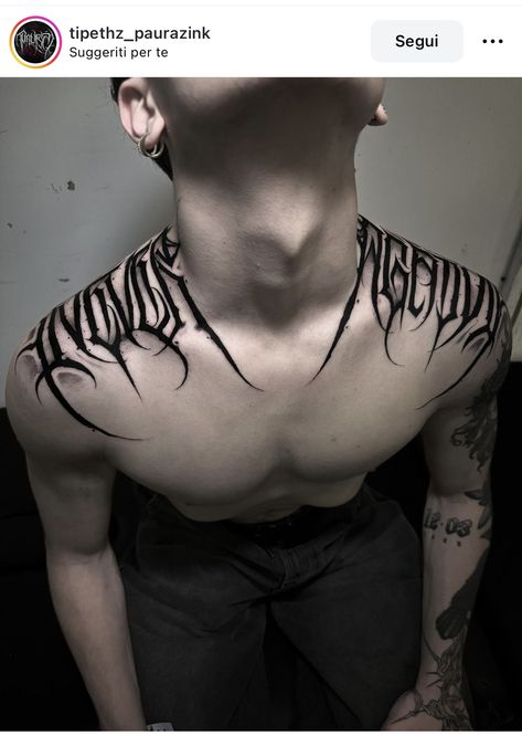 Gothic Tatoos Men, Black Ink Tattoos Men, Symmetrical Neck Tattoo, Shoulder Tattoo Man, Lower Bicep Tattoo, Gothic Tattoos Men, Front Shoulder Tattoo Men, Black Shoulder Tattoo, Black Chest Tattoo