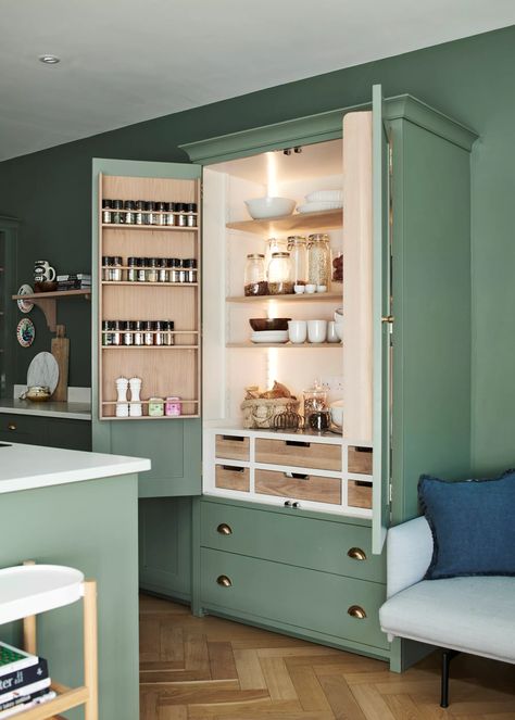 Neptune Green Kitchen, Kitchen Neptune, Hidden Refrigerator, Swamp House, Baking Studio, Kitchen Larder Cupboard, Neptune Kitchen, Tall Kitchen Cabinets, Kitchen 2023