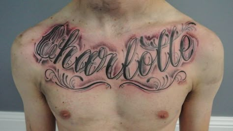 4 Aces Tattoo, Four Aces Tattoo, Chest Tattoo Name, Aces Tattoo, Chest Tattoo Lettering, Charlotte Name, Charlotte Tattoo, Man Chest, Tattoo Black And Grey