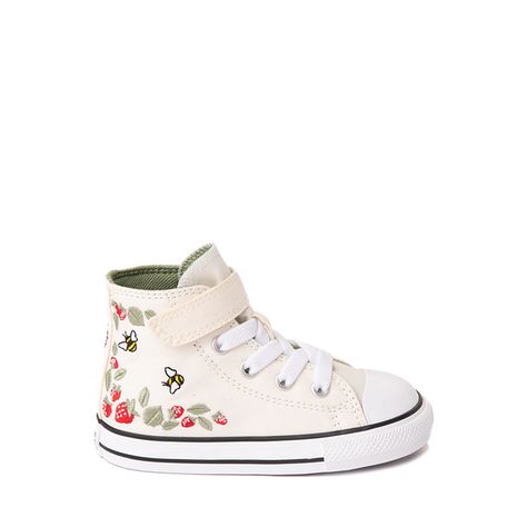 Converse Chuck Taylor All Star 1V Hi Berries And Bees Sneaker - Baby / Toddler - Natural Baby Blue Shoes, Toddler Converse, Shoe Size Chart Kids, Baby Converse, Strawberry Baby, Girls Converse, Baby Sneakers, Converse Chuck Taylor All Star