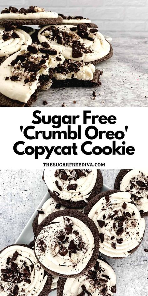 Sugar Free Copycat Oreo Crumbl Cookies, a no added sugar version of the popular frosted chocolate cookies made with sandwich cookies. Sugar Free Cookie Recipes, Sugar Free Desserts Easy, No Sugar Desserts, Sugar Free Snacks, Low Sugar Desserts, Sugar Free Baking, Sugar Free Recipes Desserts, Crumbl Cookies, Sugar Free Treats