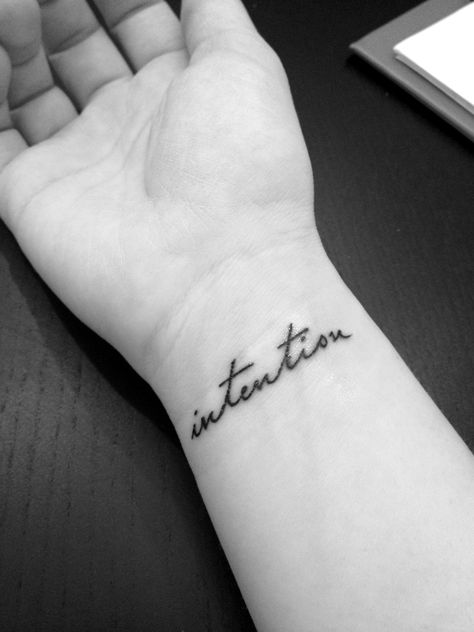 Intention. First tattoo. A reminder for everything I do. What sources do I draw from… #VolsteadFont #ReThinkStudio #MartyLacombe Intention Tattoo, Tattoos That Mean Something, Word Tattoos, Patch Work, Little Tattoos, First Tattoo, Tattoo Inspo, Tattoo Fonts, Tattoos And Piercings