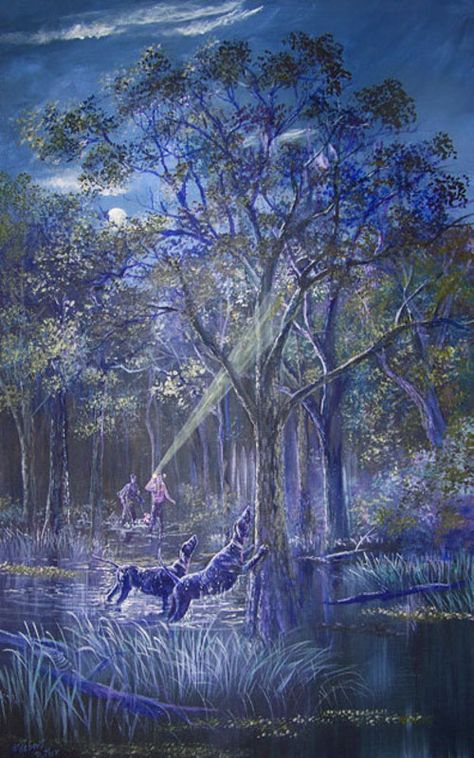 Bayou Coon Hunting Painting Raccoon Hunting, Hunting Wallpaper, Coon Hunting, Hunting Painting, Treeing Walker Coonhound, Hunting Pictures, Outdoor Artwork, Dog Tree, Bluetick Coonhound