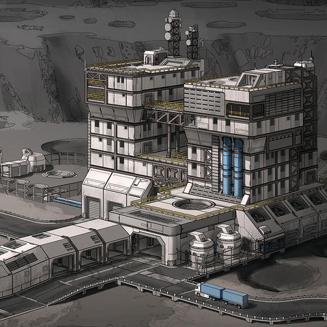 Futuristic Factory Concept Art, Futuristic Industrial Architecture, Space Engineers Base Design, Scifi Factory, Sci Fi Factory, Futuristic Factory, Scifi Architecture, Sci Fi Base, Space Building