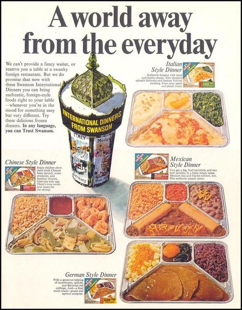 Today is National Frozen Food Day. Since I have no idea what that means either, here's some vintage ads for TV dinners with as much mystery to the meat as to today's holiday. Swanson Tv Dinner, Brand Ads, Frozen Dinners, Revere Pewter, Television Set, Tv Dinner, Food Advertising, Retro Kitchen Decor, Retro Advertising