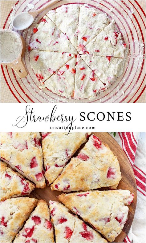 This easy fresh strawberry scones recipe includes step by step directions that result in perfect scones. The finishing touch is a vanilla glaze that adds just the right amount of sweetness! Strawberry Scones Recipe, Perfect Scones, British Scones, Bourbon Chicken Recipe, Strawberry Things, Strawberry Scones, Coffee Mornings, Fresh Strawberry Recipes, Scone Recipes