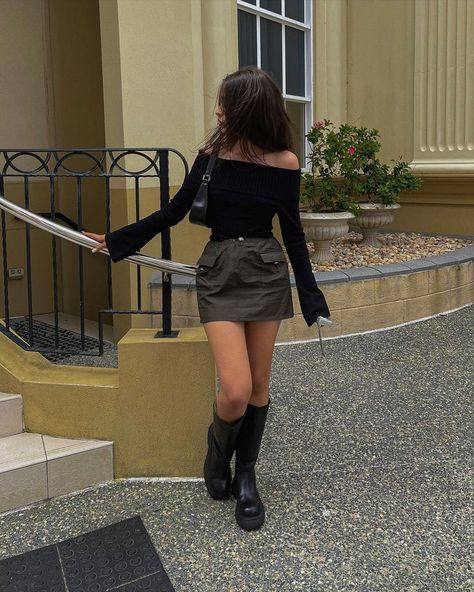 Black Off Shoulder Top Outfit, Black Off The Shoulder Sweater, Khaki Mini Skirt, Off The Shoulder Top Outfit, Shoulder Tops Outfit, Black Sweater Outfit, Black Off Shoulder Top, Off The Shoulder Sweater, Solid Sweaters