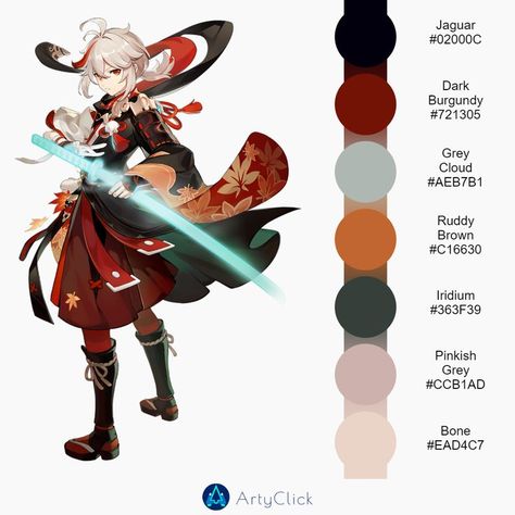 Kazuha Reference Sheet, Albedo Color Palette, Kazuha Color Palette, Character Colour Palette, Genshin Color Palette, Character Color Schemes, Colour Palate, Anime Hair Color, Chinese Picture