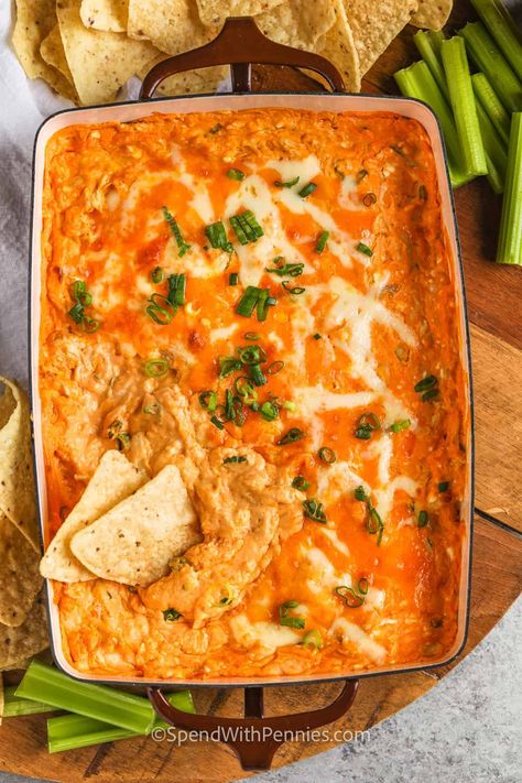 Everybody loves a hot appetizer dip, and this recipe for buffalo chicken dip is among the best! Cheesy, hearty, and spicy buffalo chicken dip comes together in a Crock Pot in only minutes, from a combination of sour cream, cheddar, mozzarella, and cooked chicken with homemade red Buffalo sauce, or Franks hot sauce. Keep it hot and serve with wings or a veggie platter for all-day snacking. #buffalochickendip #crockpot #appetizer #spendwithpennies Appetizer Dips Hot, Spicy Buffalo Chicken Dip, Easy Cheese Dip, Chicken Dip Recipe, Buffalo Chicken Dip Recipe, Hot Appetizers, Spend With Pennies, Wednesday Afternoon, Easy Cheese