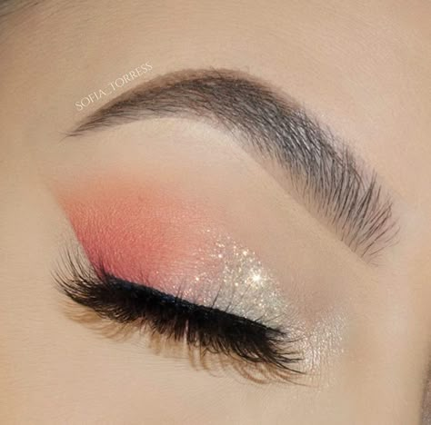 Salmon Eyeshadow Looks, Peach Dress Makeup, Coral Pink Makeup, Coral Makeup Looks, Coral Eye Makeup, Peach Eye Makeup, Coral Eyeshadow, Coral Makeup, Pageant Makeup