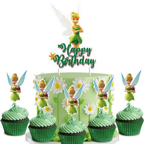 Thinker Bell Cake Ideas, Tinkerbell Decorations Birthday, Tinkerbell Cake Topper, Tinkerbell Birthday Cakes, Tinkerbell Party Theme, Tinkerbell Birthday, Tinkerbell Cake, Princess Cupcake Toppers, Decorations Birthday Party