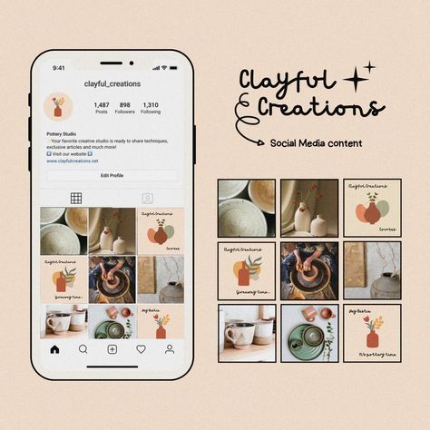 Pottery Instagram Feed, Pottery Studio Branding, Pottery Studio Ideas, Mobile Ceramic, Pottery Advertising, Pottery Branding, Content Ideas Instagram, 2023 Social Media, Instagram Feed Design