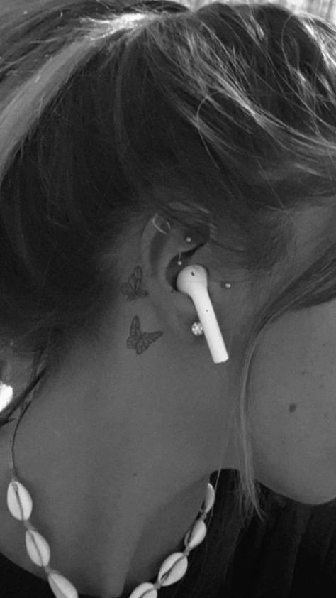 Butterfly Tattoo Behind Ear, Brother And Sister Tattoo Ideas, Butterfly Neck Tattoo, Matching Bff Tattoos, Sister Tattoo Ideas, Matching Bff, Tattoos Matching, Matching Tats, Ear Tattoo Ideas