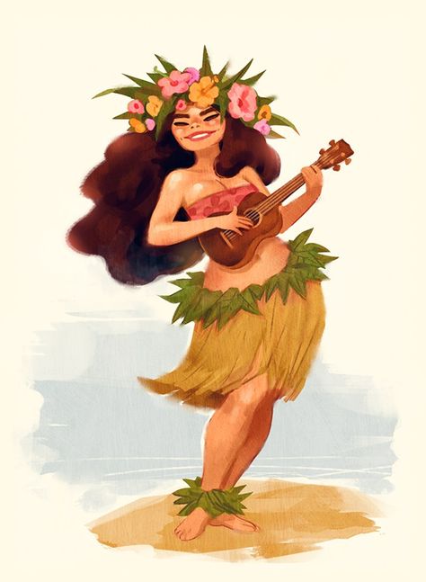 Hawaii Cartoon Art, Hawaii Hula Dancers, Hula Girl Drawing, Hawaii Cartoon, Mermay 2024, Hawaiian Mermaid, July Planner, Girl Outlines, Ori Tahiti