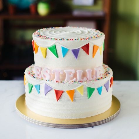 2 Teir Birthday Cake, Fondant Rainbow, Kids Party Inspiration, Fiesta Cake, Striped Cake, Cake With Fondant, Rainbow Bunting, Two Tier Cake, Fiesta Birthday Party