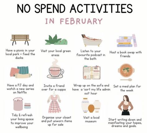 No Spend February, No Spend Activities, Book Swap, No Spend, Duvet Day, Fulfilled Life, Inspiring Women, Bucket Lists, Online Yoga