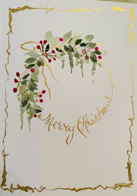 Watercolour Christmas Wreath Card, Christmas Watercolor Paintings, Watercolor Christmas Cards Diy, Xmas Drawing, Painted Christmas Cards, Christmas Card Art, Watercolor Christmas Cards, Christmas Card Crafts, Paint Cards