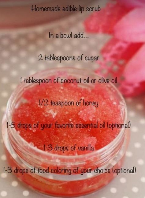 Diy Lip scrub!!! Edible Lip Scrub, Lip Scrub, Food Coloring, Coconut Oil, Scrubs, Olive Oil, Vanilla, Essential Oils, Coconut