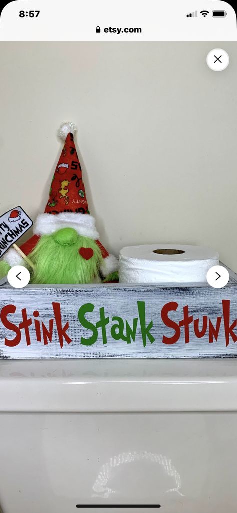 Stink Stank Stunk Toilet Paper Holder, Stink Stank Stunk Bathroom, Stink Stank Stunk Toilet, Grinch Bathroom Ideas, Grinch Bathroom Decor, Grinch Bathroom, Grinch Stink Stank Stunk, Stink Stank Stunk, Crafty Christmas